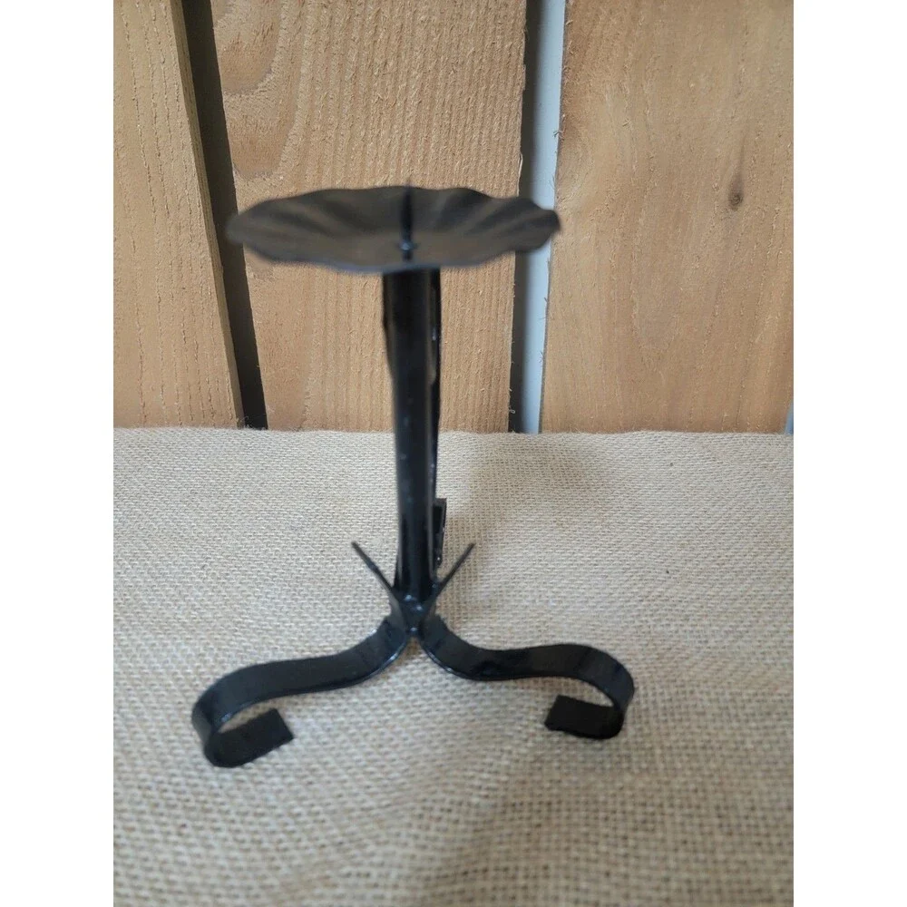 Black Wrought Iron Footed Scrollwork Pillar Candlestick Holder  5.5” Tall